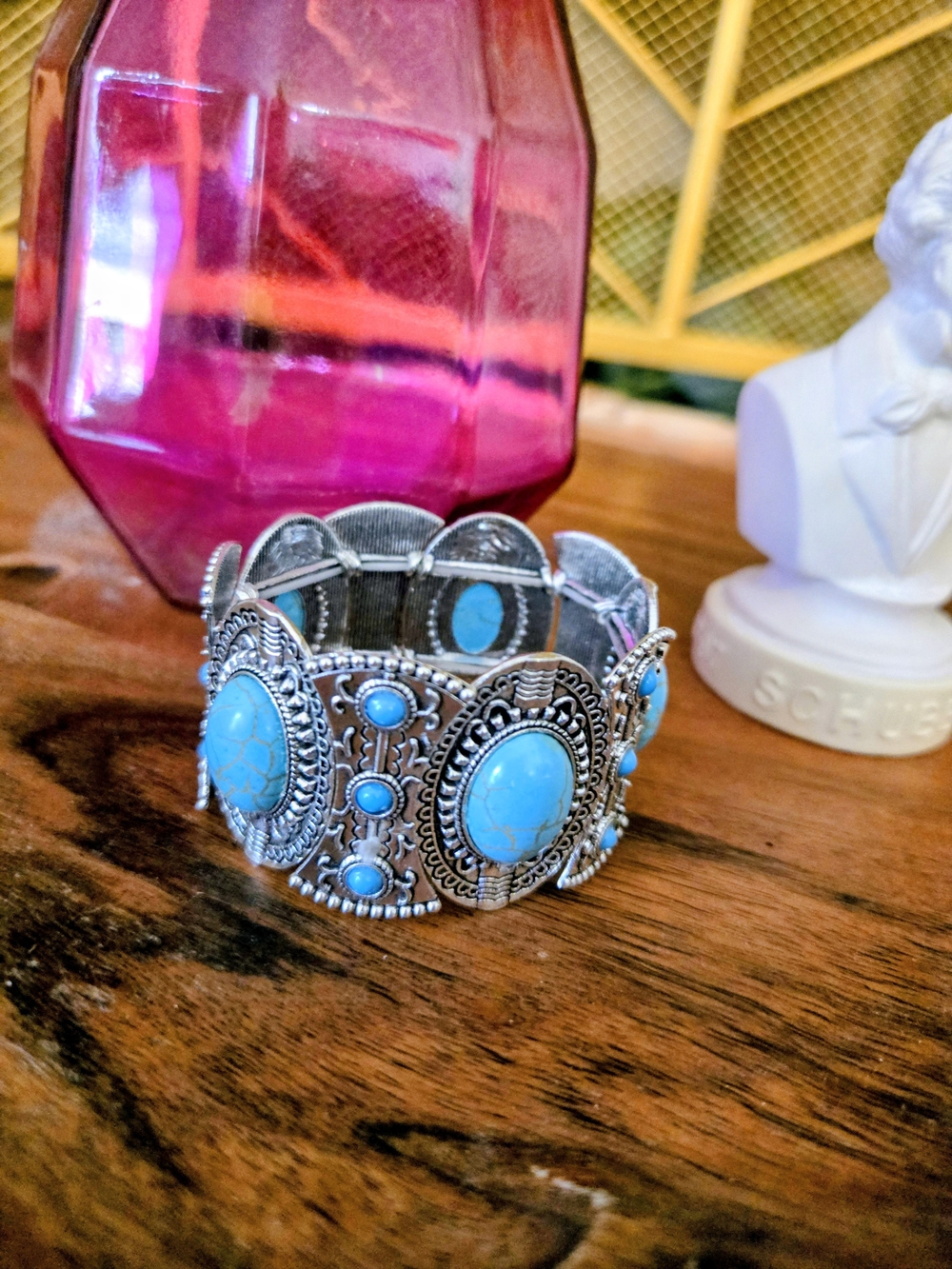 Boho Southwestern Silver Tone Blue Simulated Turquoise Stone Statement Stretch